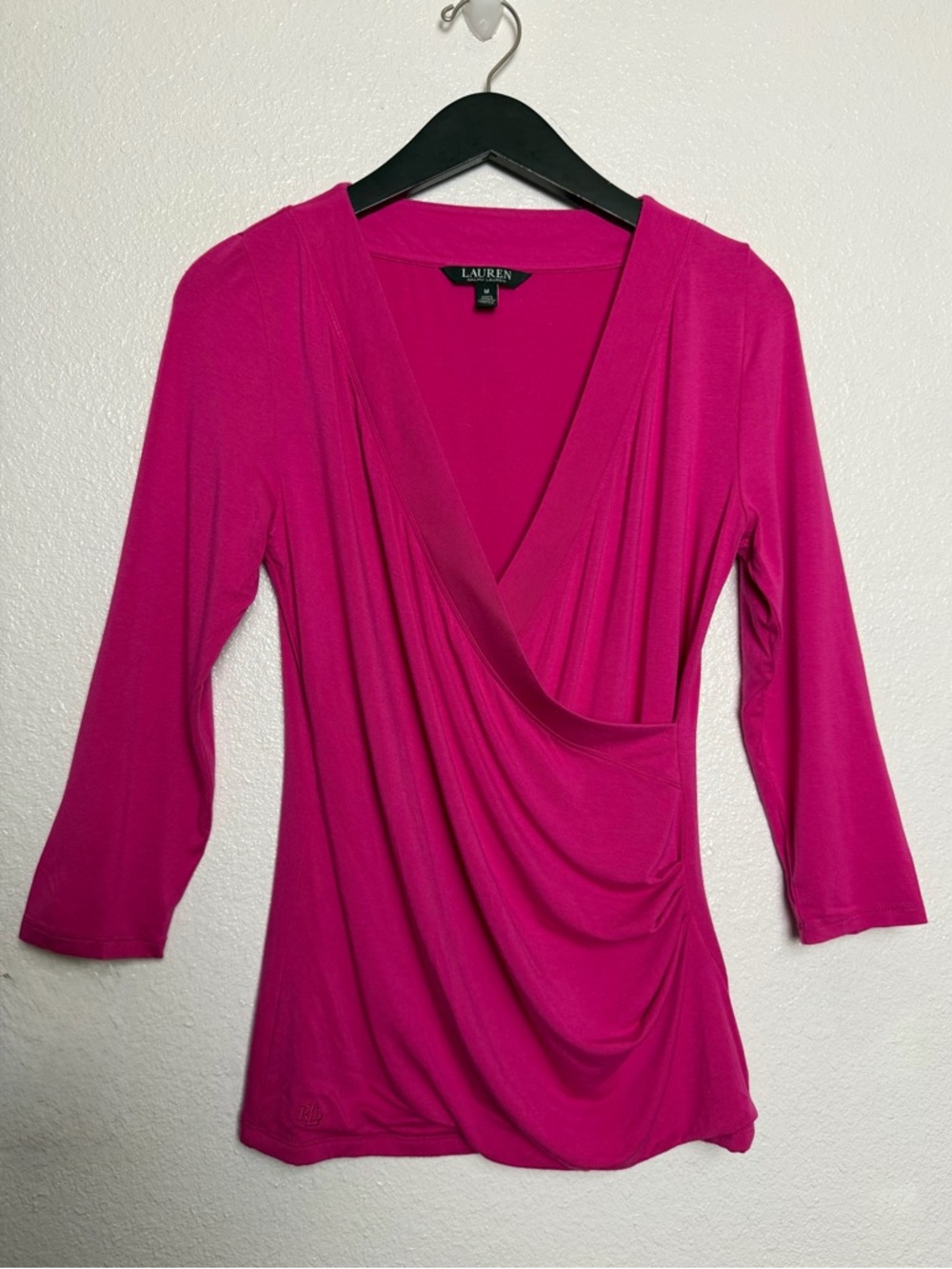 Lauren Ralph Lauren Fuschia Draped Faux Wrap Jersey Top Medium